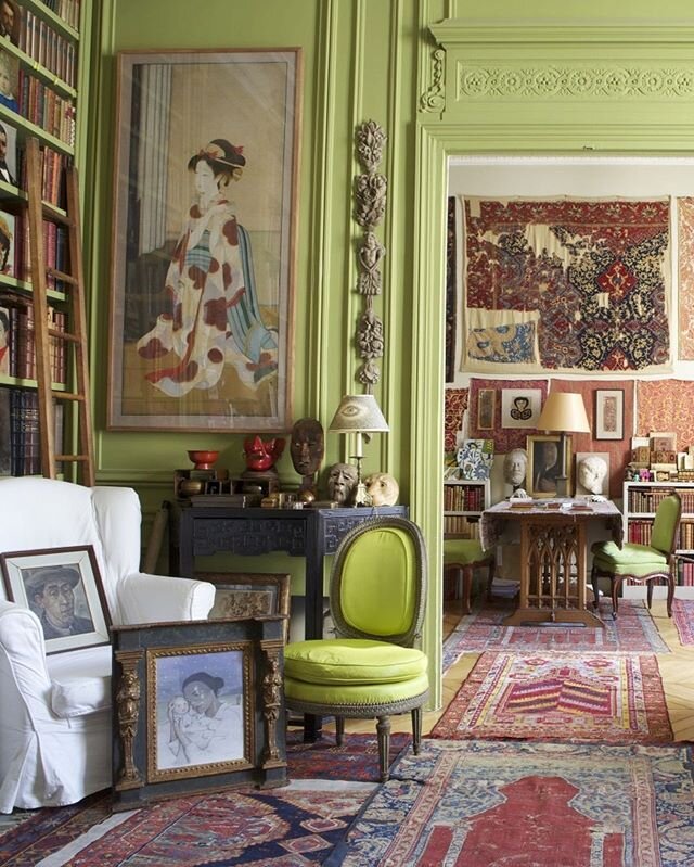 Is there anything like a room that inspires? I could easily spend days in this gorgeous Parisian apartment of the late artist Pierre Le-Tan. Books? Check. Art? Check. Textiles? Double check.

An eclectic home representing Le-Tan's love of collecting 