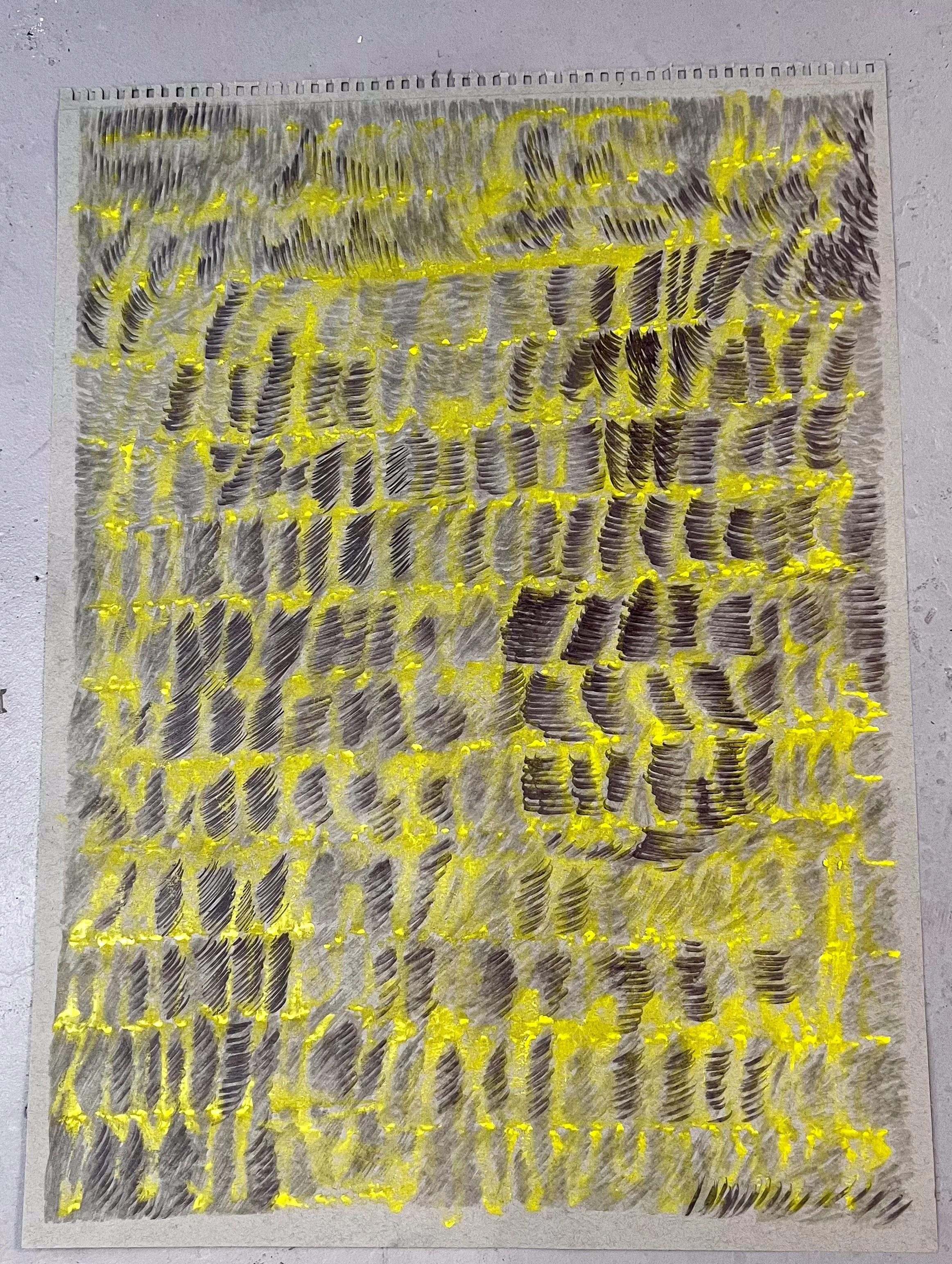 “frottage” (rubbing) based work, 18” x 24” (46 x 61 cm), oil pastels and marker on paper