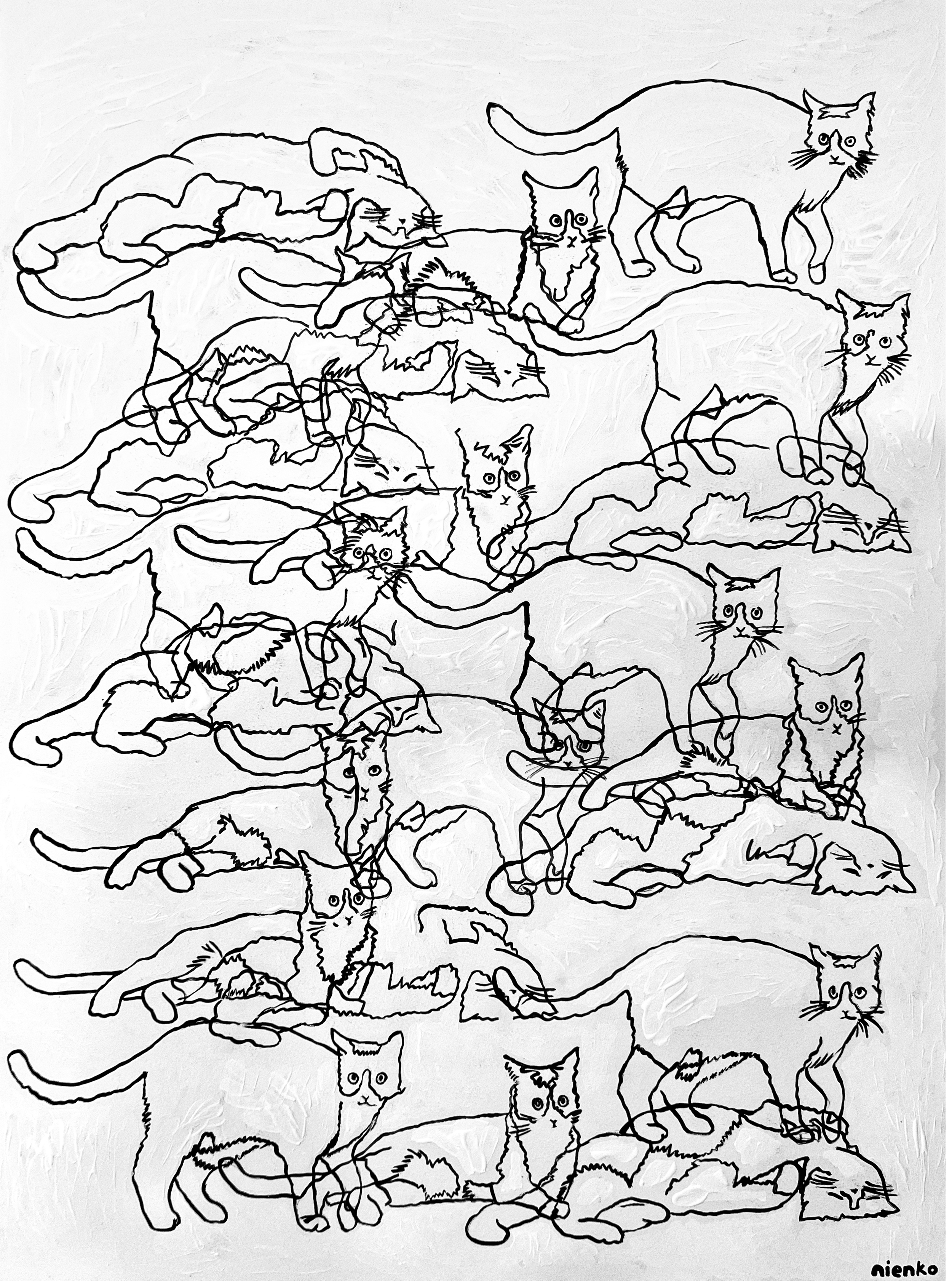 "Overlapping Cats", black 4.0 and white gouache on watercolor paper, 22” x 30” (56 x 76 cm)