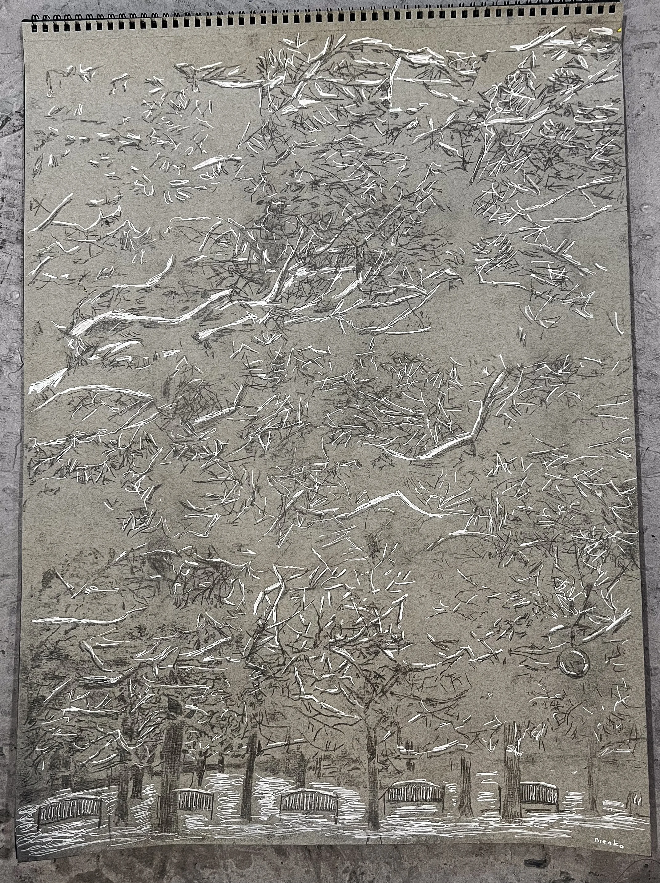 work in Drawing Concepts, 18”x24” (46 x 61 cm), transfer paper, white gel pen on paper