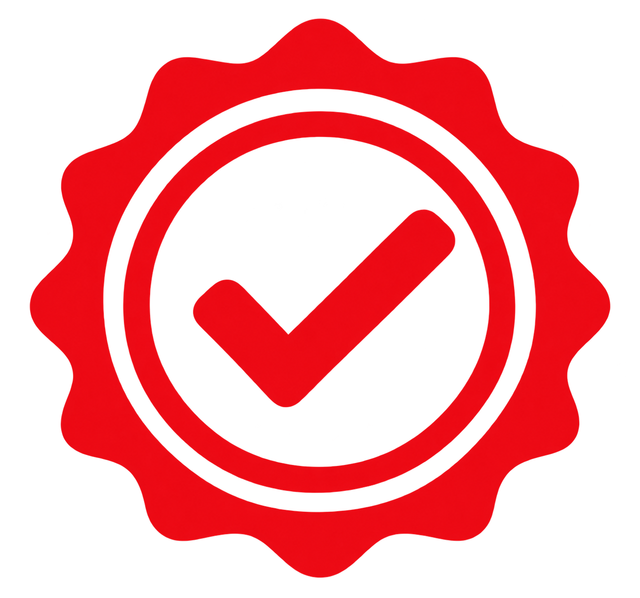 Red gear icon with a white check mark in the center.