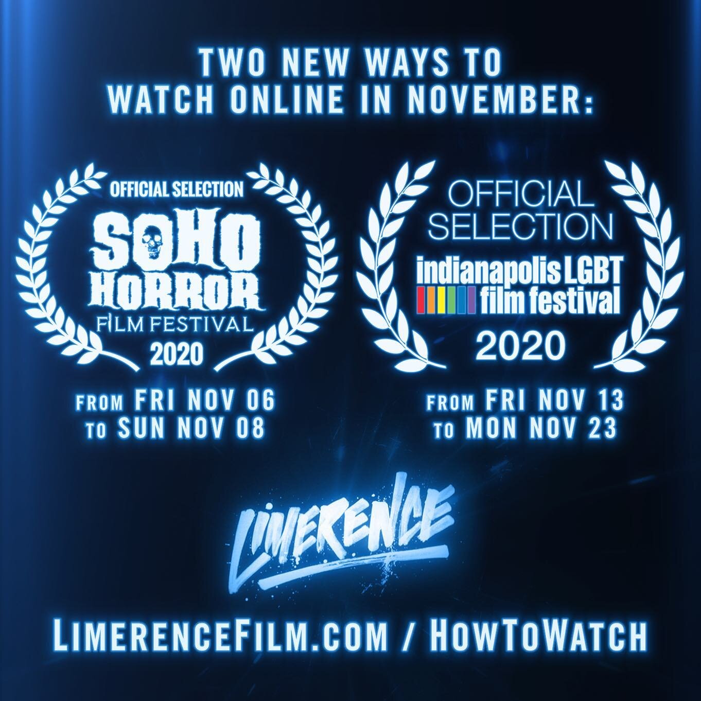 We got two new festivals in November, both available online! Plenty of chances to watch Limerence from home. 📽️🍿📺

First, we&rsquo;re playing SOHO Horror this coming weekend! 💀🔪👻 SOHO is running things on a &ldquo;pay what you want basis.&rdquo