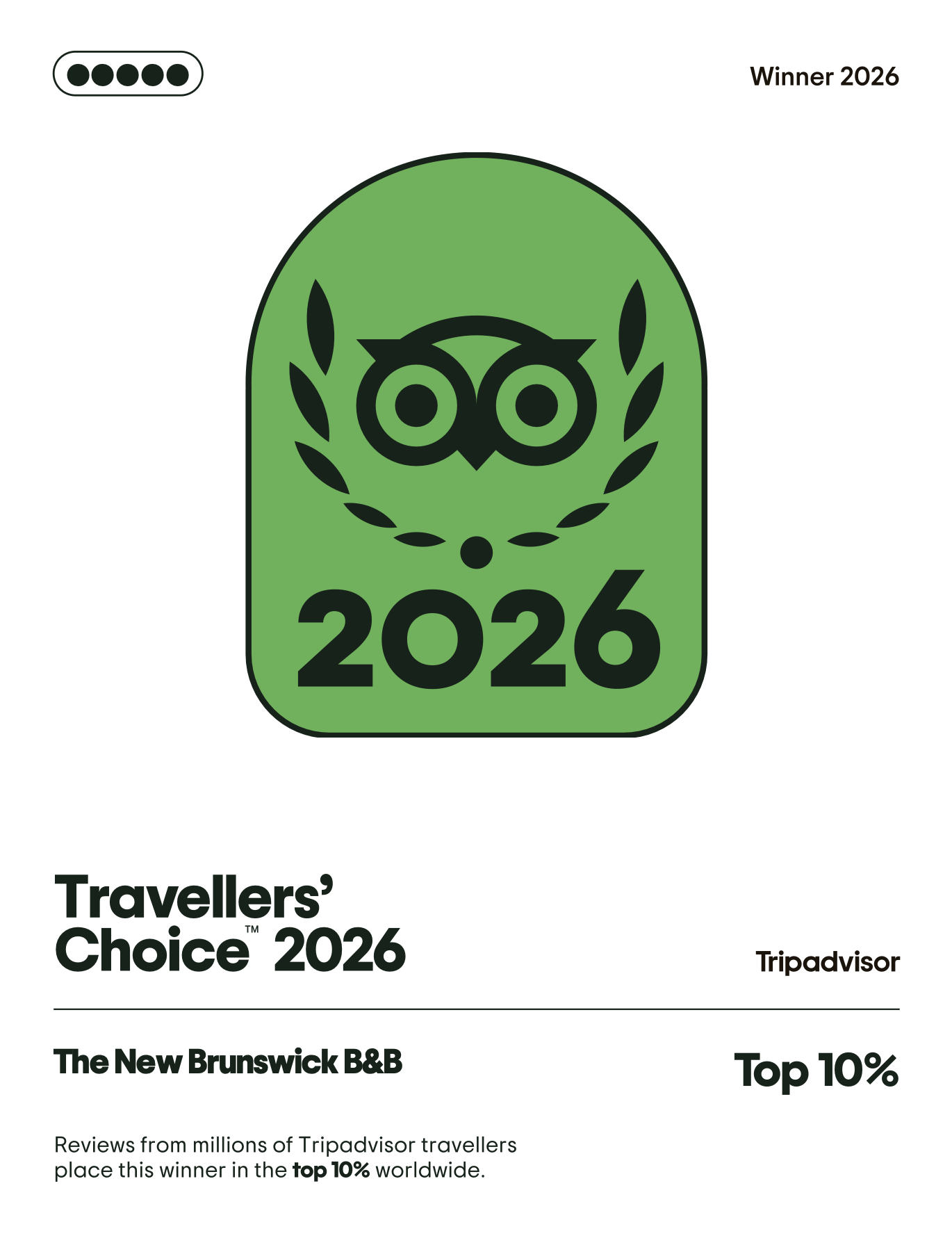 Green badge with a black owl logo and the text 'Winner 2026' and '2026' below it, indicating an award from Tripadvisor for best travel accommodation of 2026.