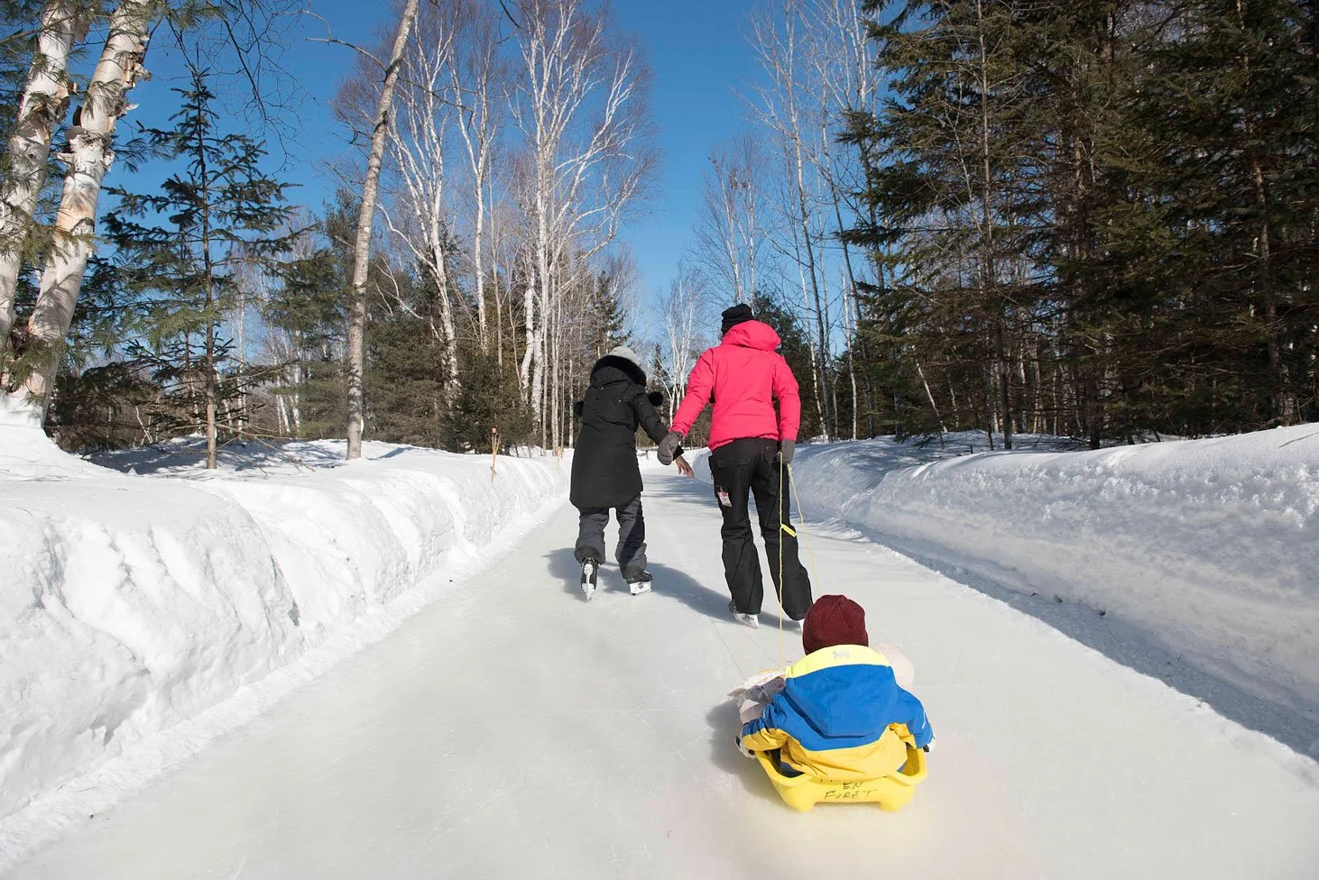 Two people skaking towing child in sled outdoor skating trail Patinage en Forest ice skating ottawa