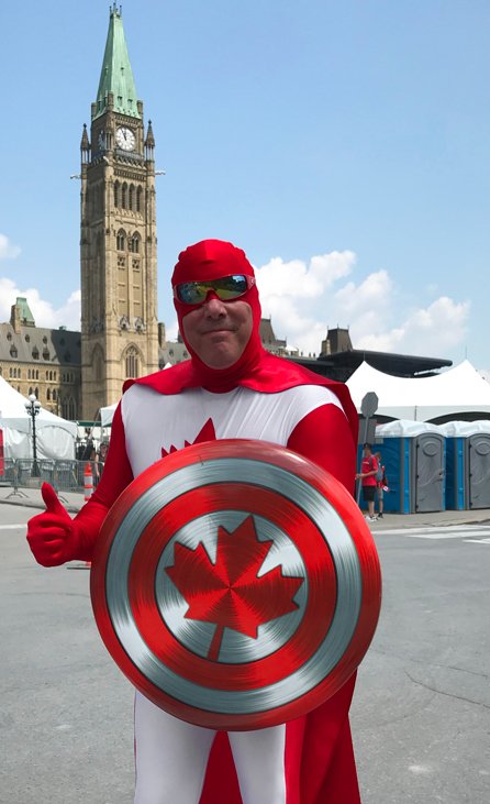 Man dressed in Canada Day superhero outfit Otawa
