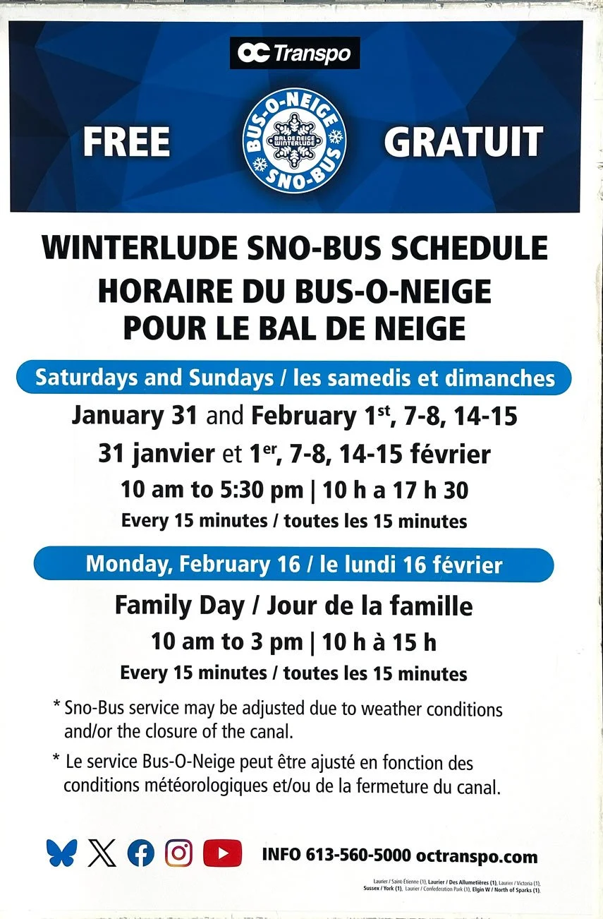 Winterlude 2026 Sno-bus schedule free shuttle Ottawa