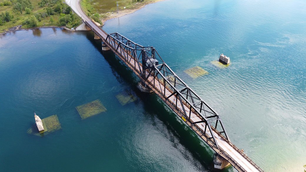 Aerial view of the Little Current swing bridge in Manitoulin Island Ontario