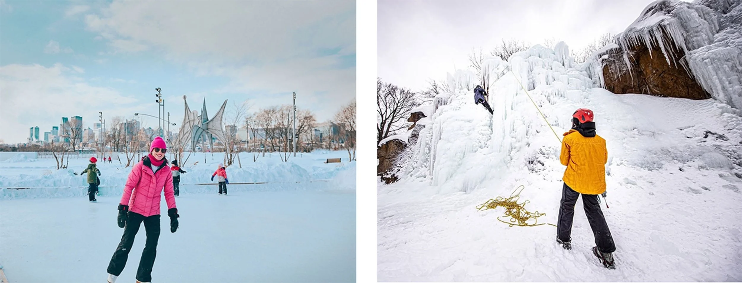 Person ice skating in pink coat and person in yellow coat watching ice climber Parc Jean Drapeau Montreal winter