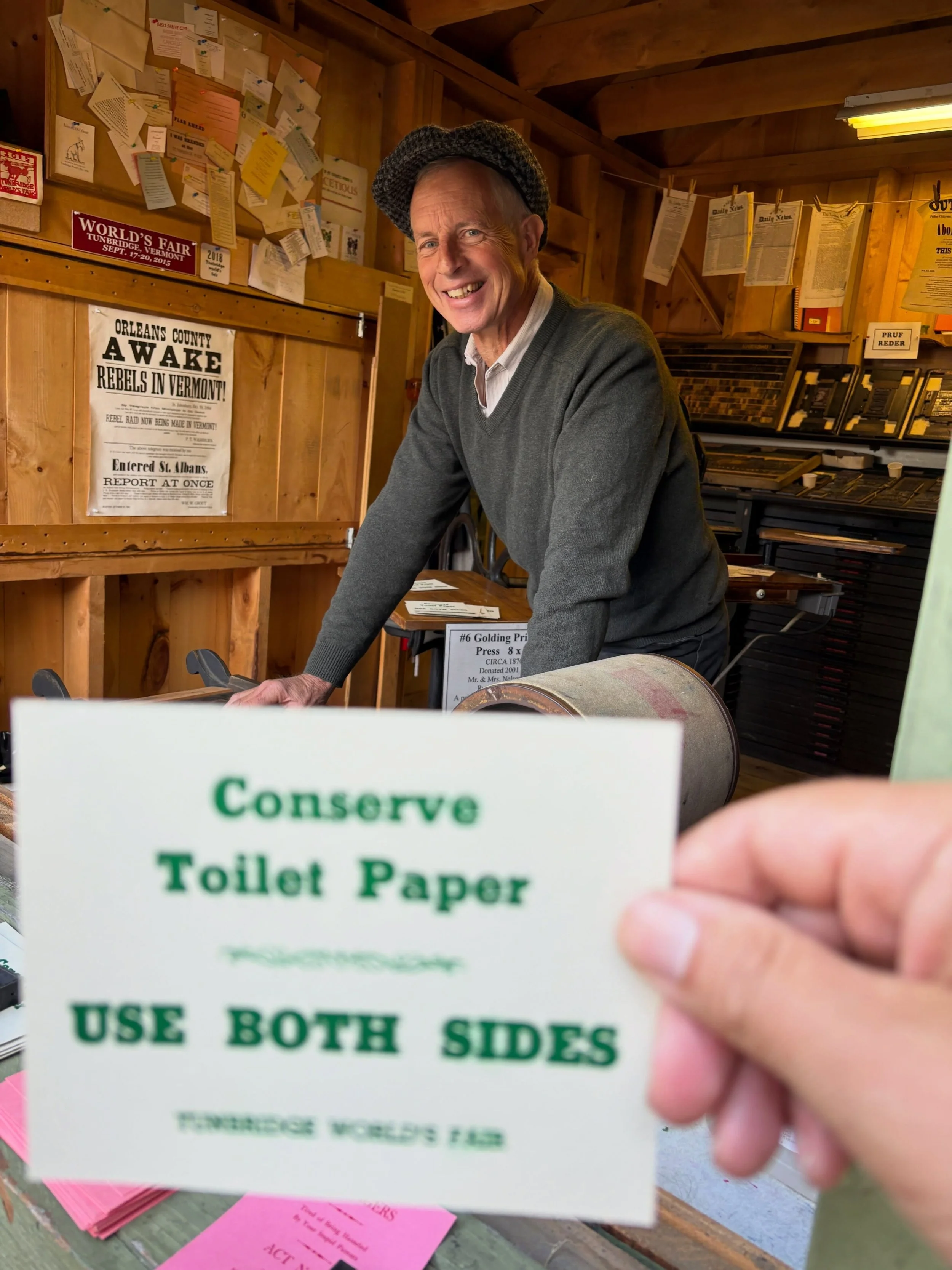 The Tunbridge World&rsquo;s Fair has been in my datebook pretty much every year since my first one in 1998. Good friend, Tunbridge representative, and Man With a Plan director John O&rsquo;Brien ran the print shop this year, Mark MacDonald displays h