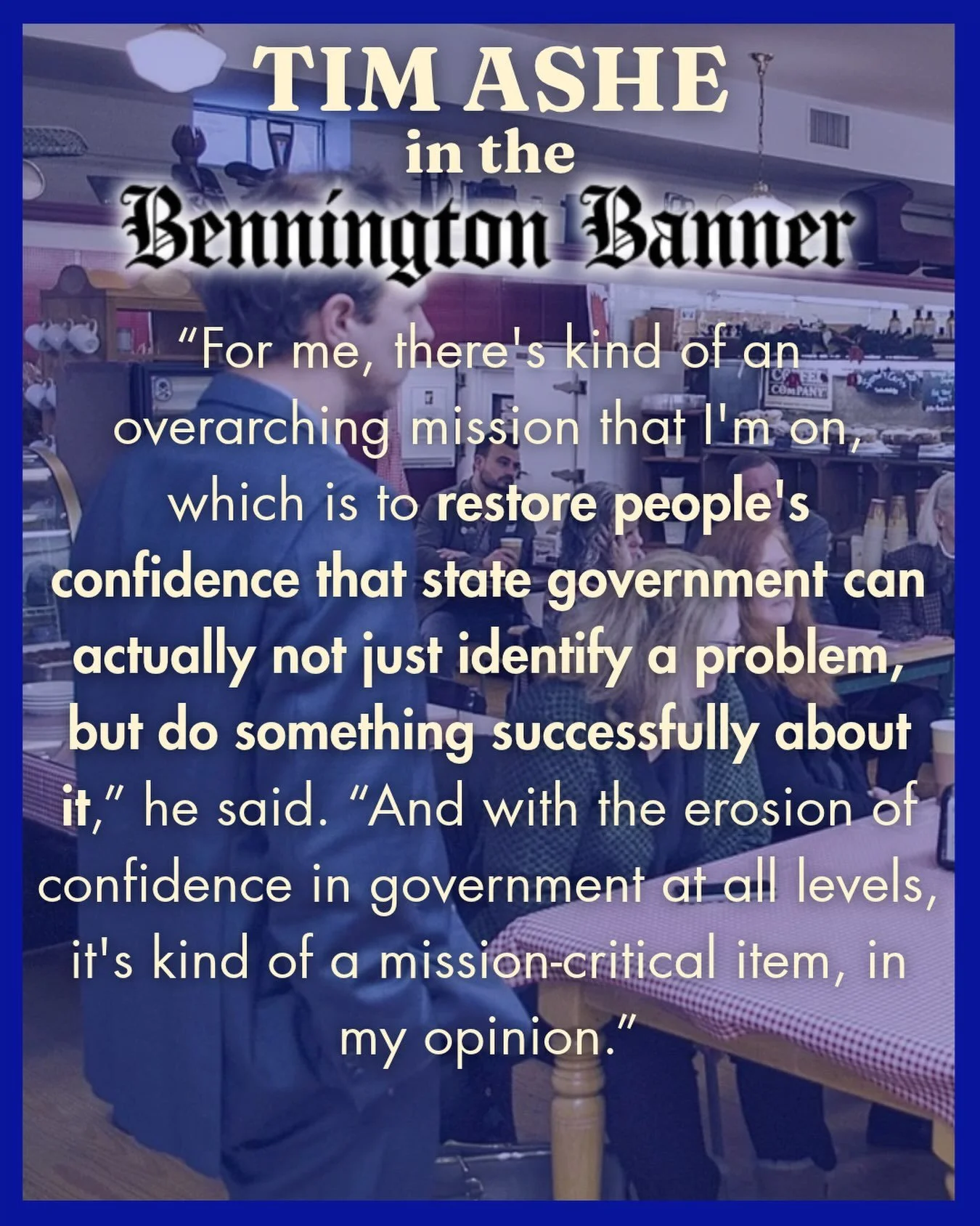 As State Auditor, I&rsquo;ll be motivated every day to rebuild people&rsquo;s confidence that State government can solve problems and make a positive difference in their lives. Thanks to @benningtonbanner for the conversation.

#benningtonvt #benning