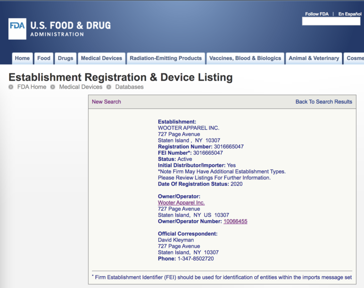 CovCare FDA Registration (Wooter Apparel Inc.), Certified N95 Masks, NIOSH Certified