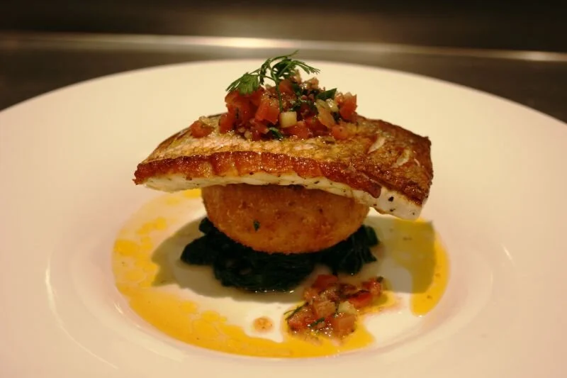 Pan-Fried Snapper with a Smoked Fish Cake &amp; Tomato Salsa