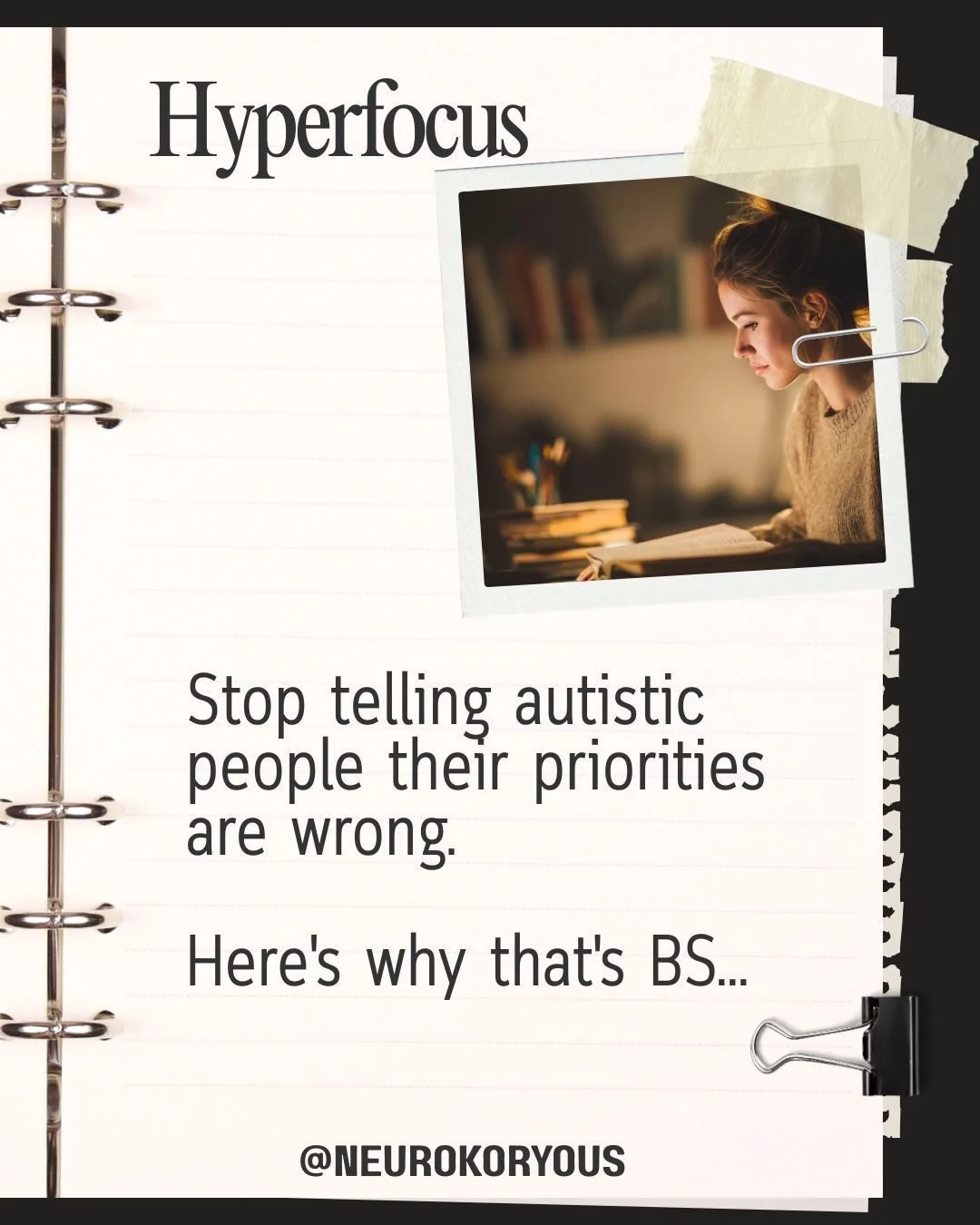 Stop telling autistic people their priorities are wrong.

I keep hearing this from parents, from partners, from well-meaning therapists who think they're being helpful. &quot;You need to work on your priorities.&quot;

This is ableism.

Our brains ar