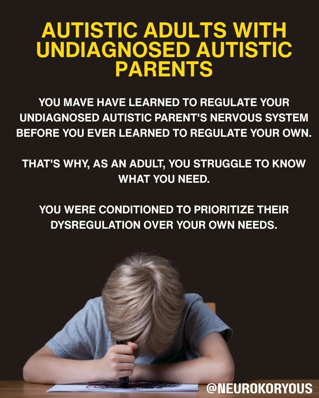 If you grew up as an autistic child with an undiagnosed autistic parent...

You may have learned to regulate their dysregulation before you ever learn to understand your own. 

You become the emotional interpreter. The pattern recognizer. The one who