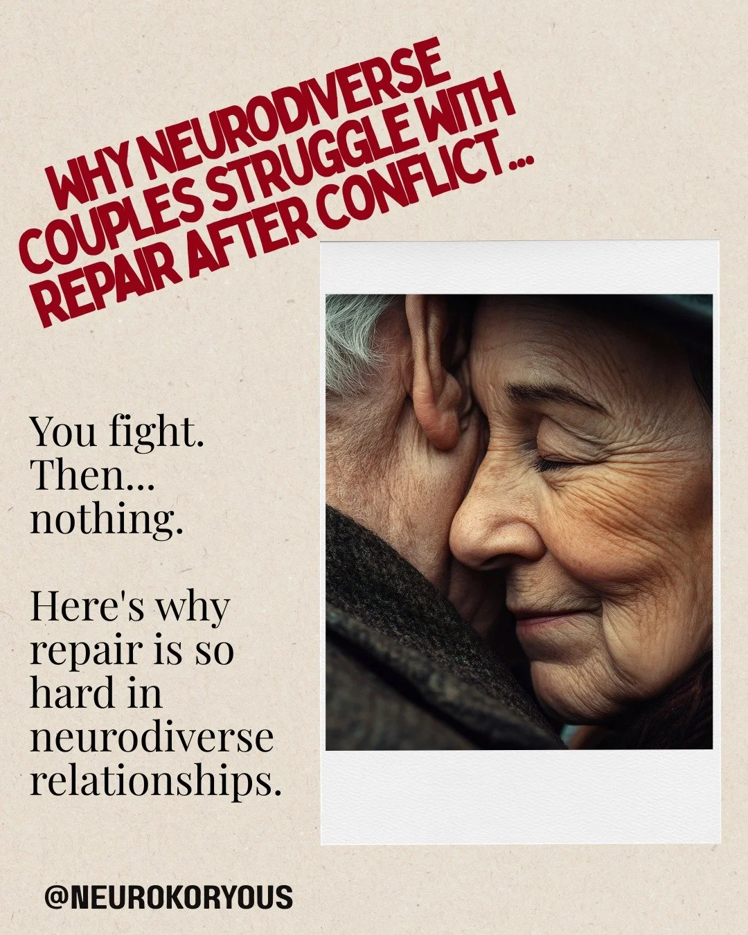 Why is repair so hard in neurodiverse relationships?

Neither partner is wrong. But when you don't understand each other's repair needs, conflict becomes a cycle:
Coflict &rarr; NT partner wants to talk &rarr; Autistic partner shuts down &rarr; NT pa