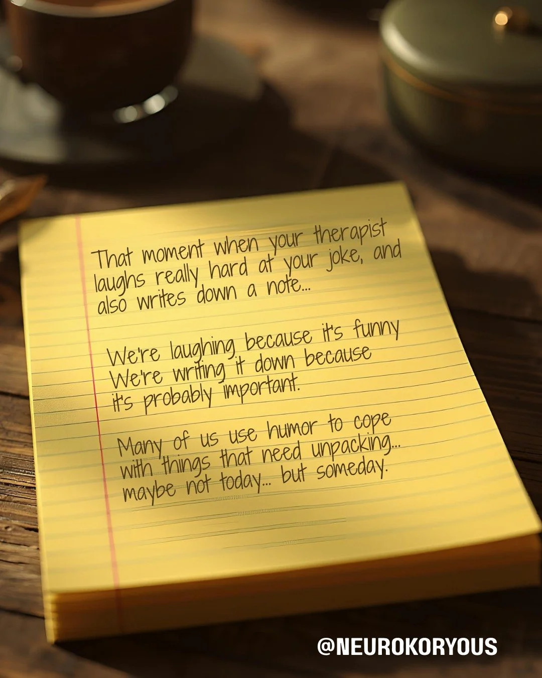 As both a therapist AND a therapy client, I can confirm:
We're laughing because it's funny.
We're writing it down because it's probably important.

The thing about therapy humor is that the best jokes are usually the ones where you're revealing somet