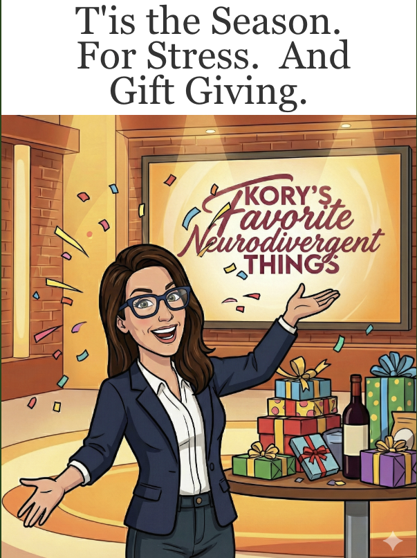 Cartoon version of Kory pointing to sign that says, "Korys Favorite Neurodivergent Things"