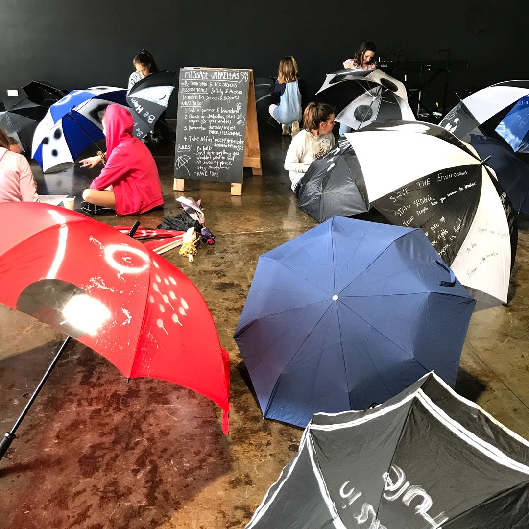  PUBLIC PARTICIPATORY PRACTICE: Creative encounters with children and young people have been central to Simon’s career. Here in Launceston, Tasmania with co-artist Bec Stevens creating resistance umbrellas with young people for the Children’s Commiss