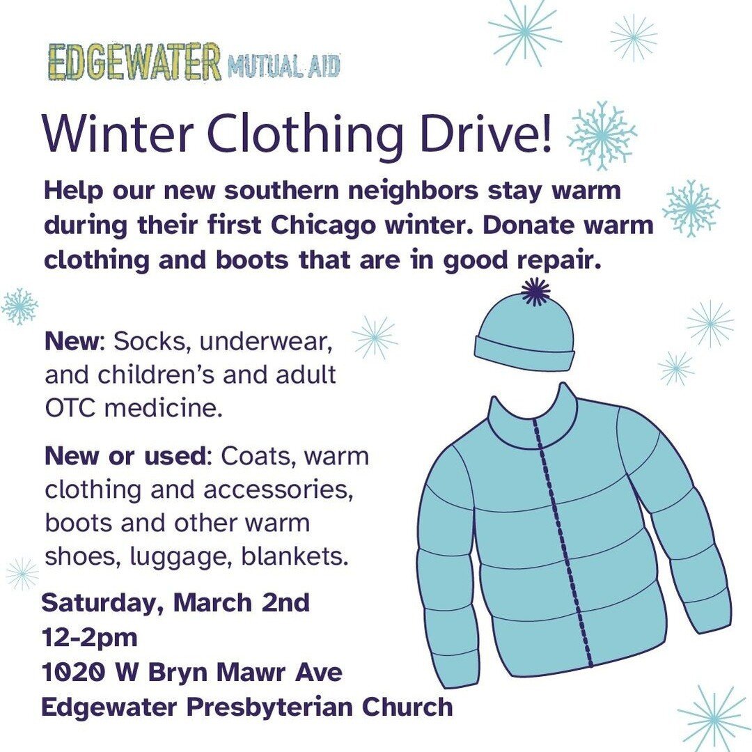 ❄🧣This weekend we&rsquo;ll be accepting winter clothing for our unhoused neighbors, including new southern neighbors. Only donate items that are in good repair. See you this Saturday at noon at the Edgewater Presbyterian Church!

*Please remember to