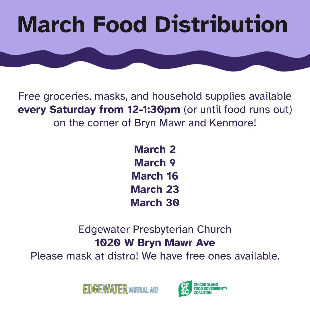 See you on Saturdays for our weekly food distro!
#EdgewaterChicago #MutualAid #WeKeepUsSafe
🥬
Please mask at distro! We have free ones available.
😷 💞
The food from our distribution comes from the Chicagoland Food Sovereignty Coalition. CFSC is a c