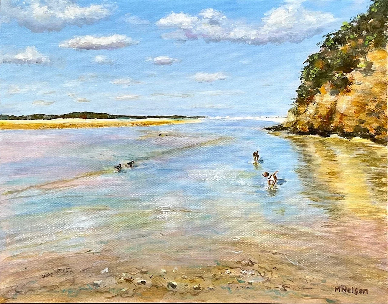 Mates meeting in the shallow, Prawn Channel - framed acrylic seascape painting