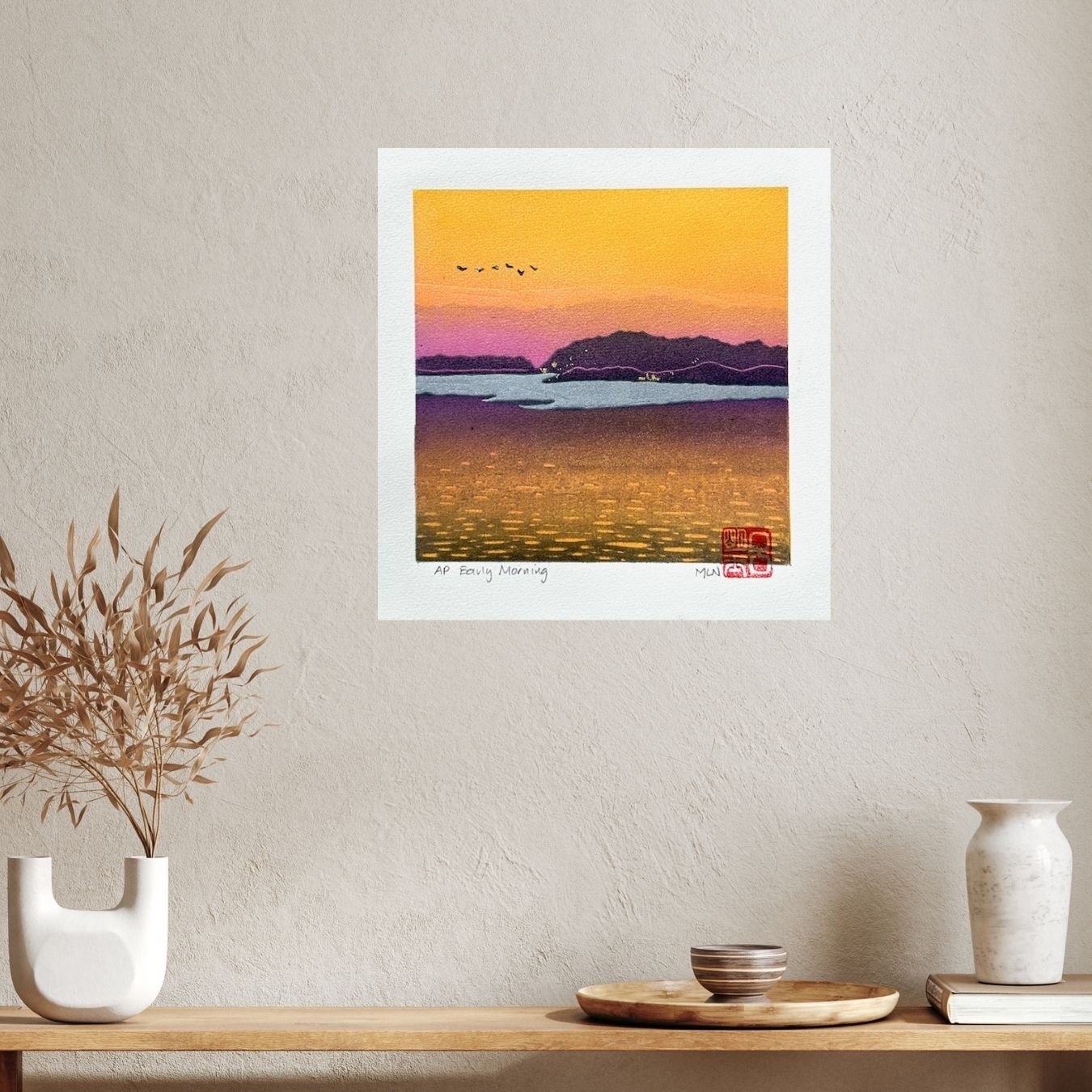 Early Morning - linocut gold leaf by marion nelson - in situ 1.jpg