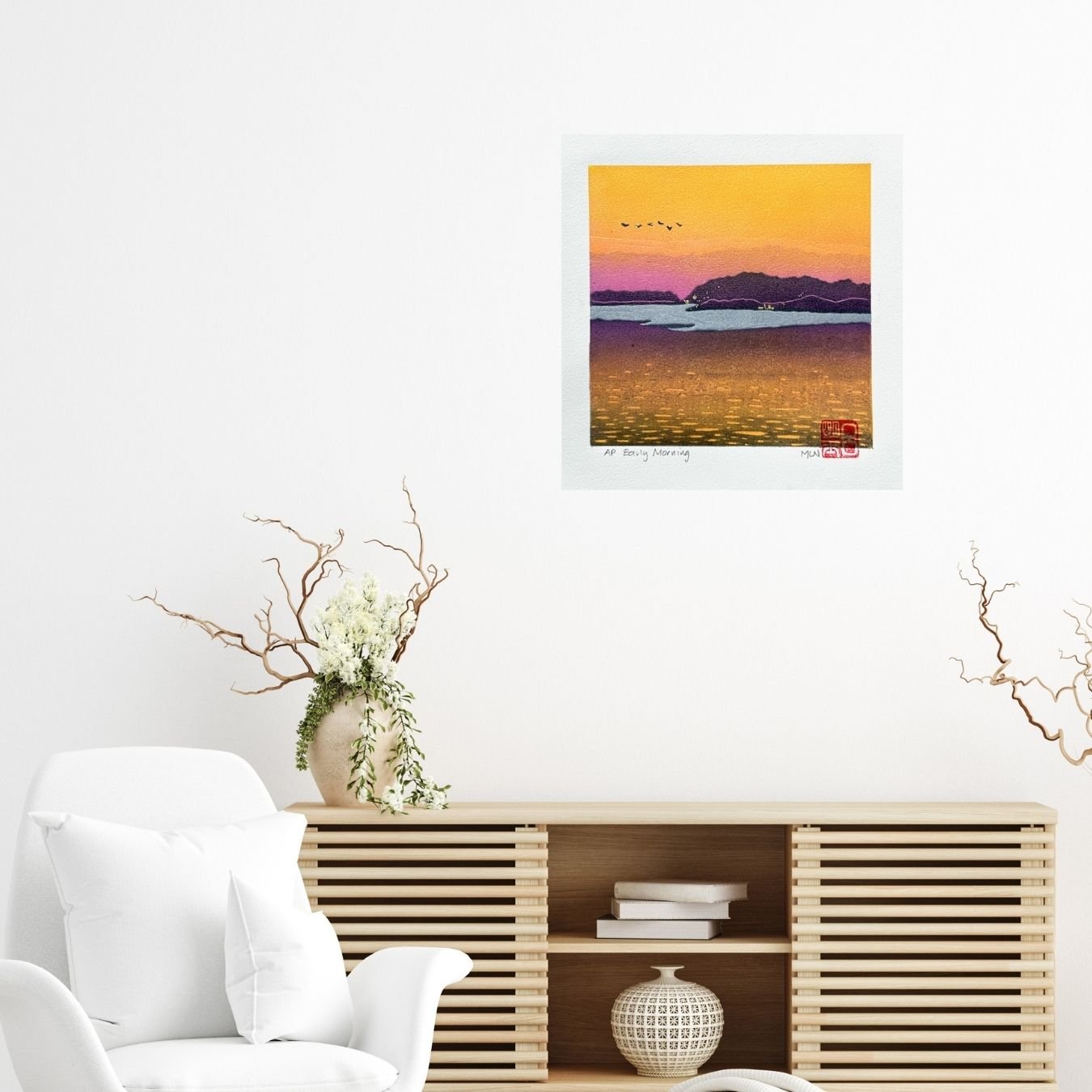 Early Morning - linocut gold leaf by marion nelson - in situ 3.jpg