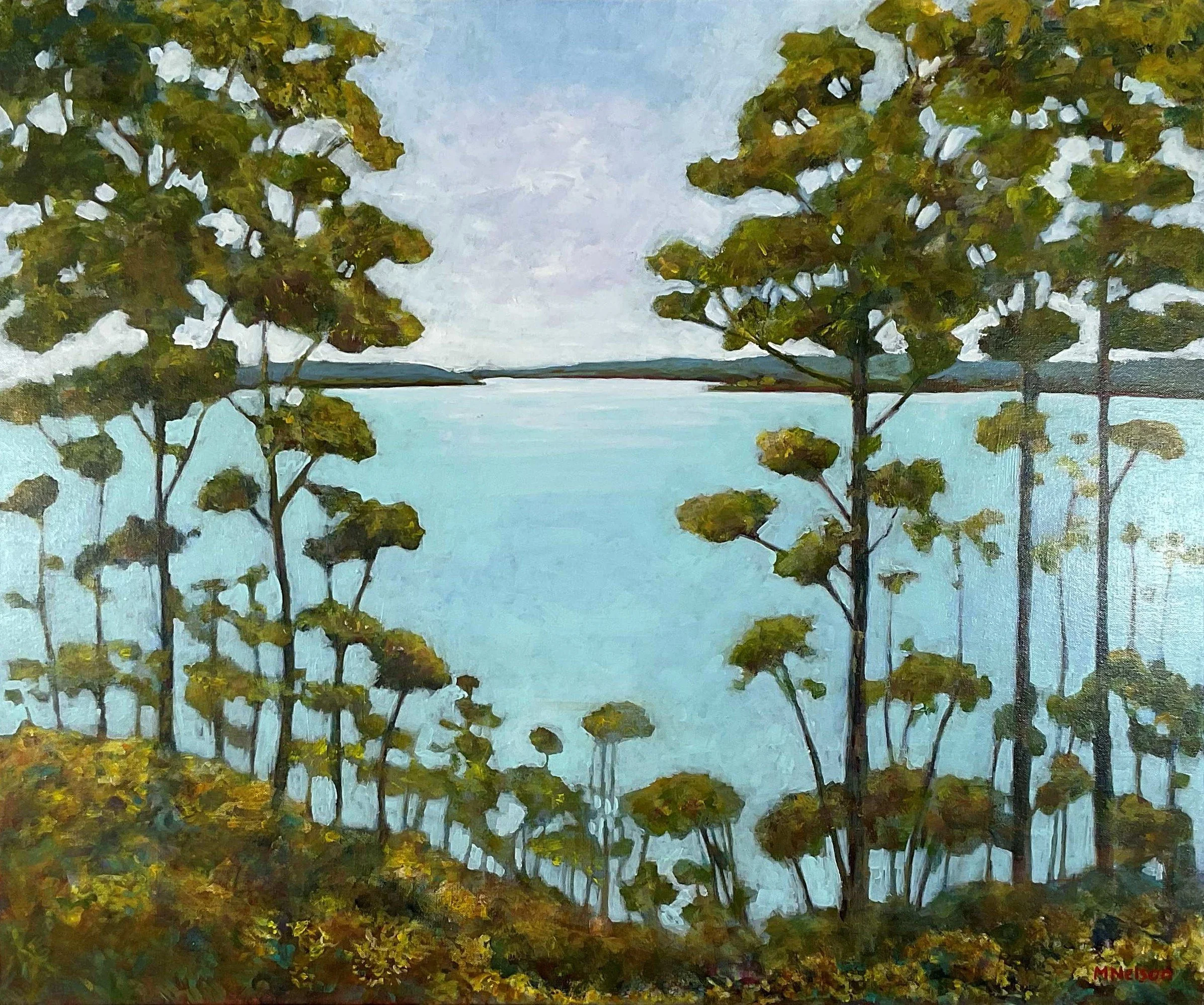 Inlet View - through the tress and across the water - acrylic on canvas