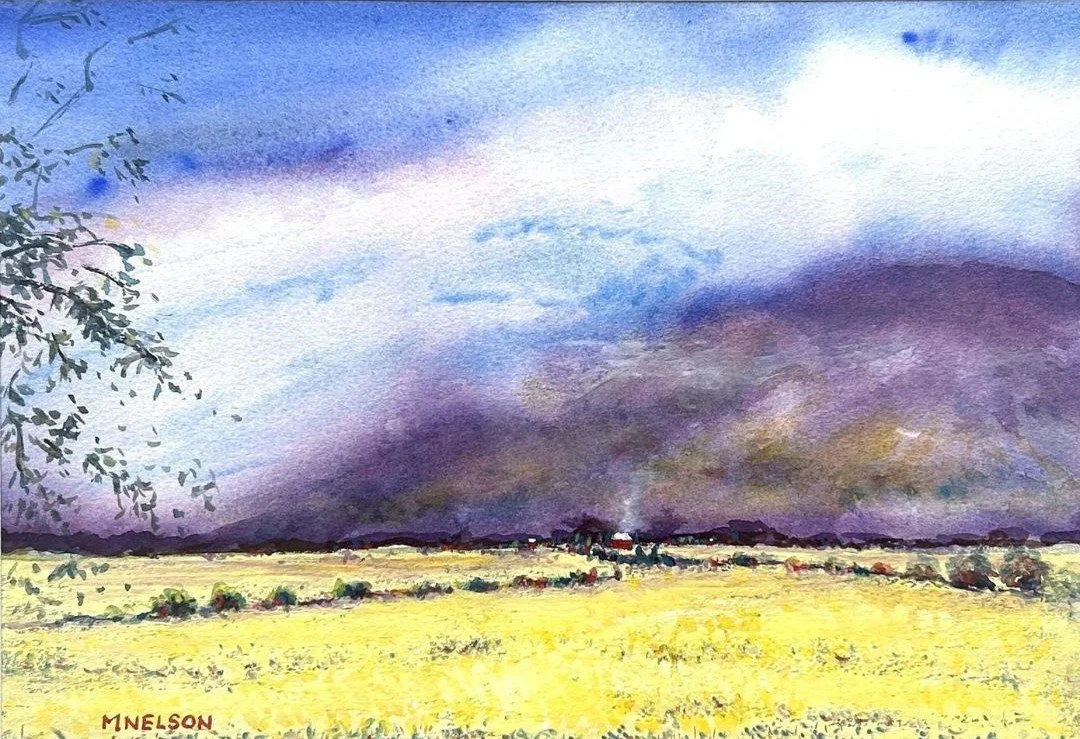 Canola at Stirling Range - watercolour painting of iridescent gold
