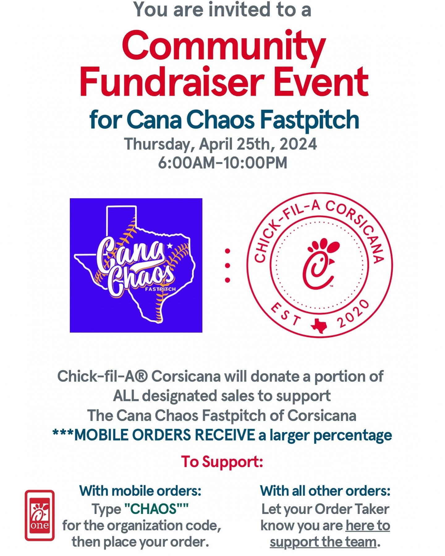 ⏰YOU ARE INVITED: Thursday, April 25th for a Community Fundraiser Event supporting Cana Chaos Fastpitch of Corsicana.

💰We will donate a portion of ALL designated orders on this day. 

☑️To ensure your order counts, please follow these instructions: