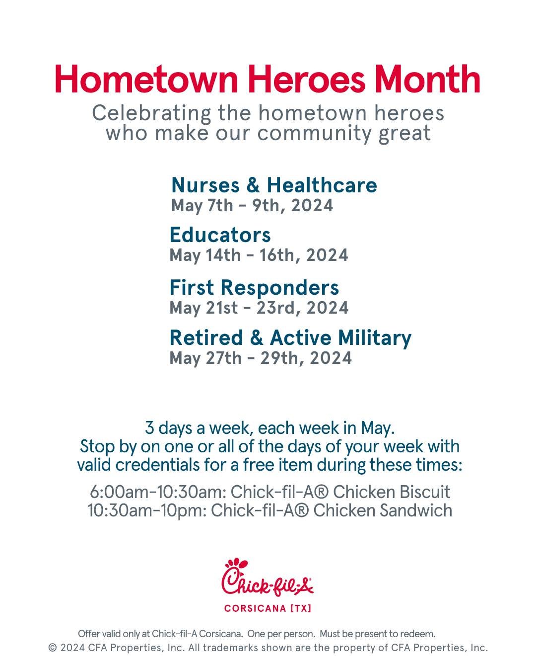 Join us for Hometown Heroes Month!😁

Celebrating the remarkable individuals who uplift our community every day. Swing by three days a week throughout May with your valid credentials and enjoy a complimentary treat on us. 

Thank you for making our h