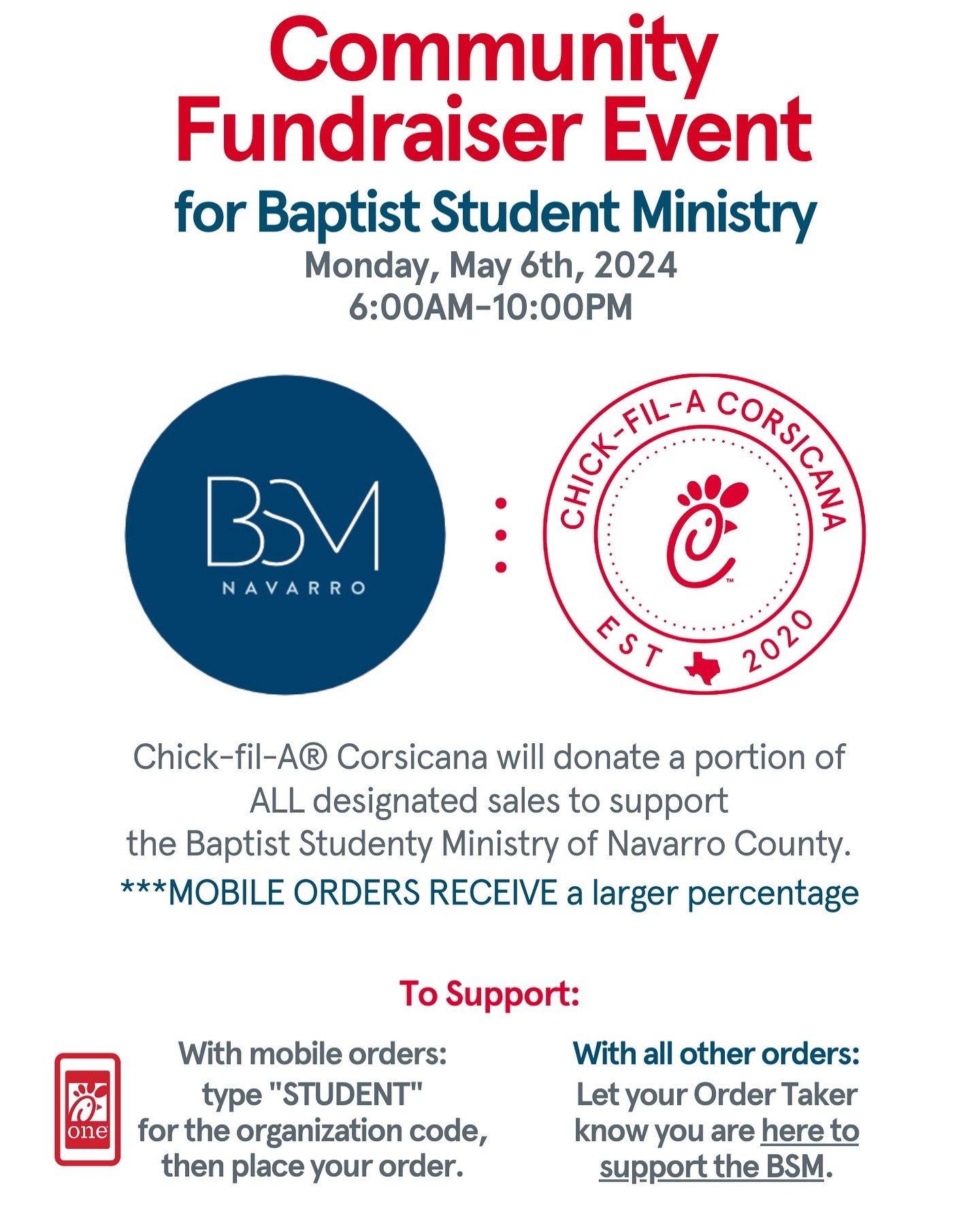 ⏰YOU ARE INVITED: Join us Monday, May 6th for a Community Fundraiser Event supporting Baptist Student Ministries.

💰We will donate a portion of ALL designated orders on this day. 

☑️To ensure your order counts, please follow these instructions:
📲M