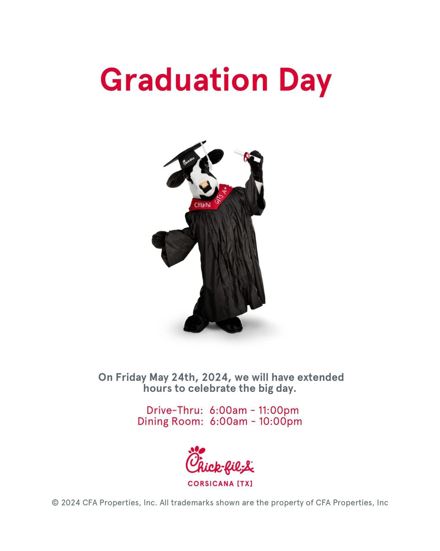 🎓🌙 Need to eat after graduation? We&rsquo;ve got you covered! Join us at as we stay open late to celebrate the big day and serve our community 🎉 

🚨🚨🚨 Giveaway Alert &mdash;Help us spread the word for a chance to win a Small Chick-fil-A Nuggets