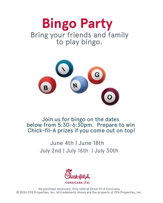 We are so excited for a summer of fun with Bingo Nights here at Chick-fil-A. Mark your calendars and come ready to win some awesome prizes! 🥇🎯🎲

#ChickfilACorsicana #EatMoreChickenCorsicana #CorsicanaEats #ChickfilALove #CorsicanaTX #ChickenLovers