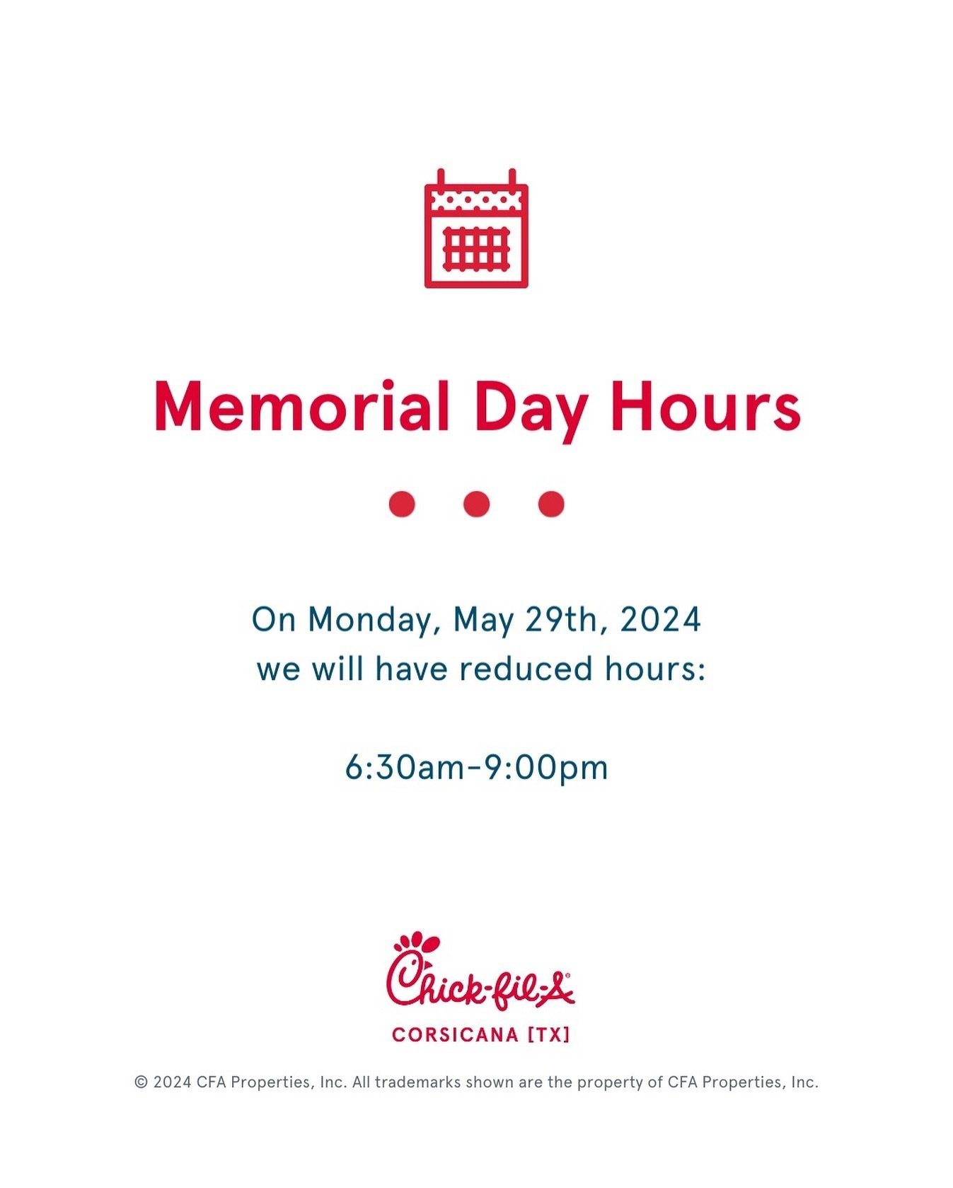 With Memorial Day just one week away, we wanted to share our special holiday hours with you. Please take note of our adjusted schedule so you can plan your visit accordingly. 

We look forward to serving you!❤️