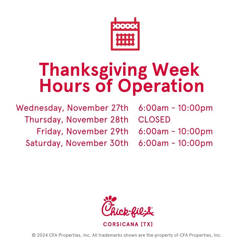 Please see our Thanksgiving hours! 🦃 We hope everyone has a wonderful holiday with family and friends. And don&rsquo;t forget&mdash;Chick-fil-A catering is here to make your celebrations even more special!❤️
