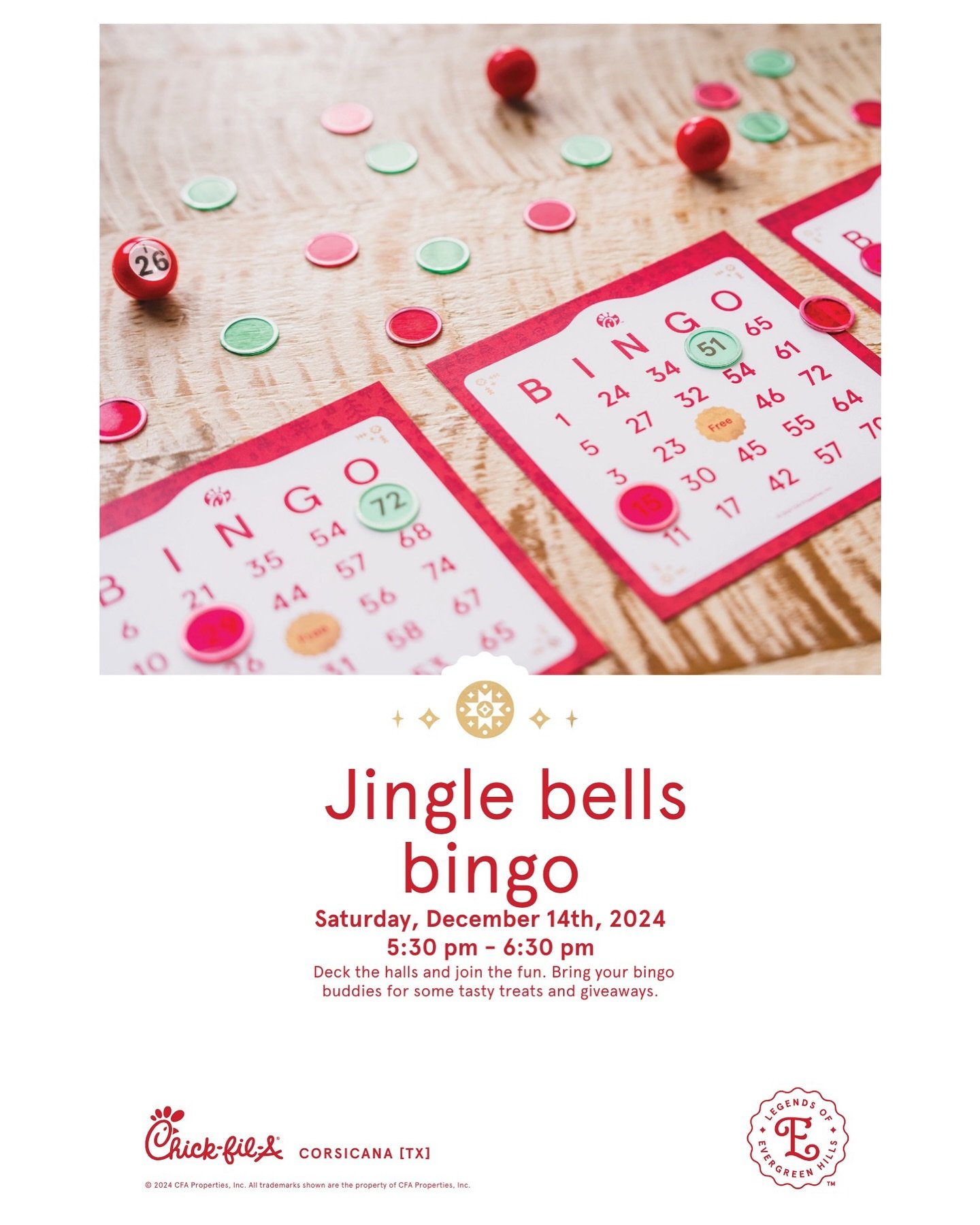 🎄🔔 Jingle Bells Bingo Night! 🔔🎄

Mark your calendars for Saturday, December 14th from 5:30-6:30 PM! Bring your family and friends for a festive evening filled with fun, laughter, and plenty of holiday cheer. 🎅🎁

Mark your calendars and save thi
