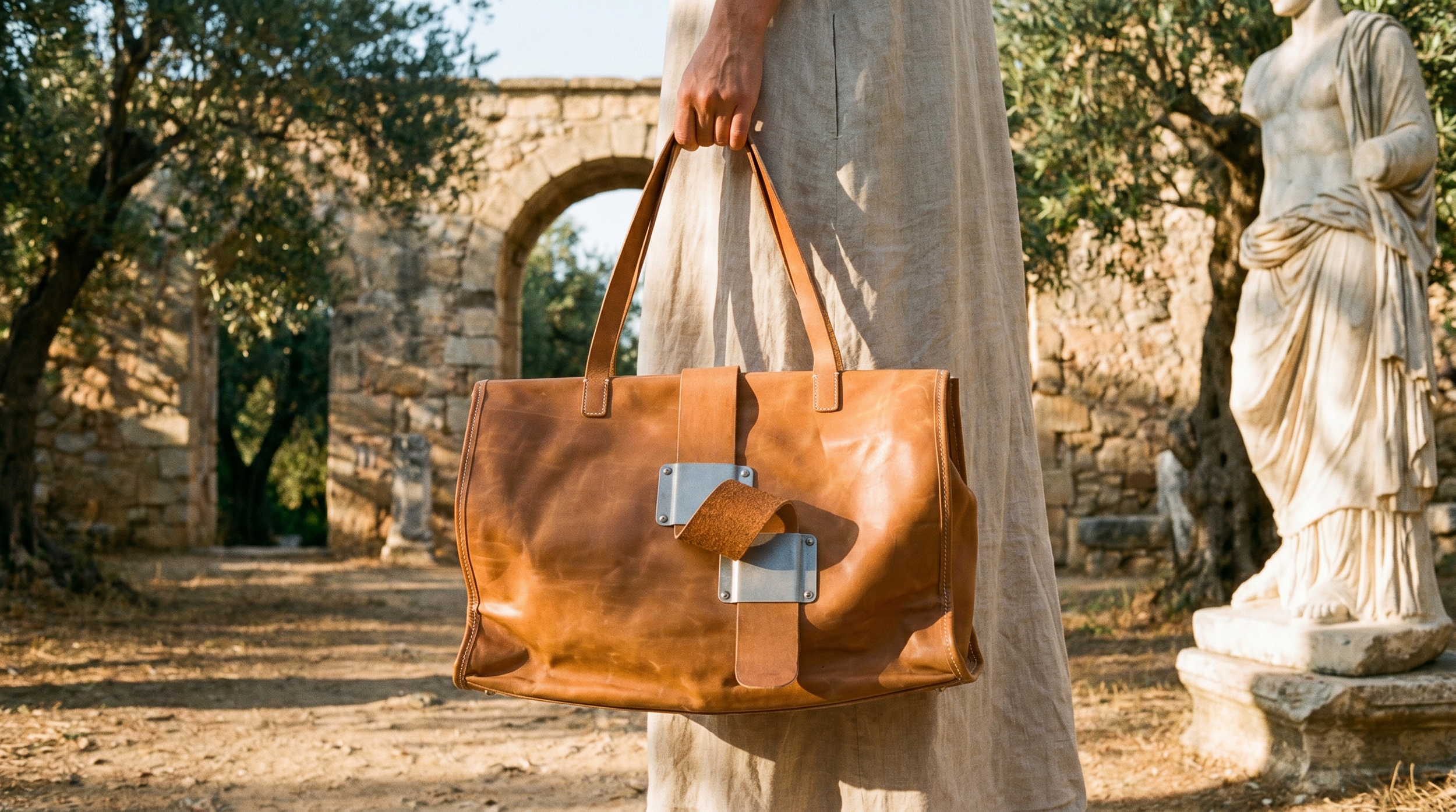 Person holding a brown leather bag with a metal lock and a brown fuzzy keychain in an outdoor historic site with stone ruins and statues.