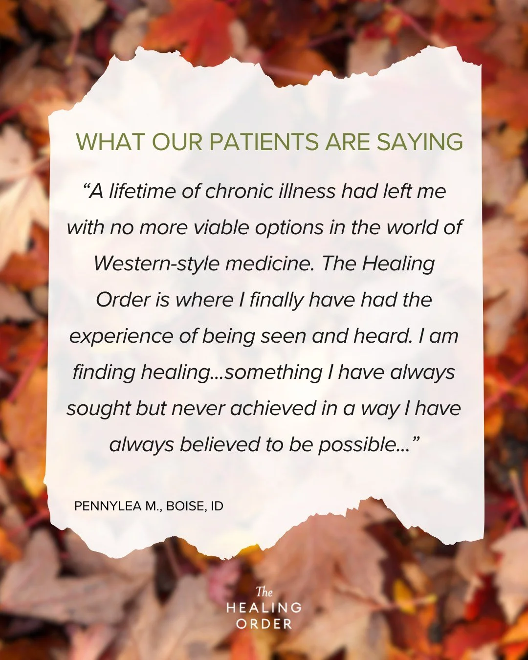 &ldquo;I have nothing but the deepest respect and gratitude for the work of everyone at Hai Shan Clinic [now The Healing Order]. A lifetime of chronic illness had left me with no more viable options in the world of Western-style medicine. Hai Shan Cl
