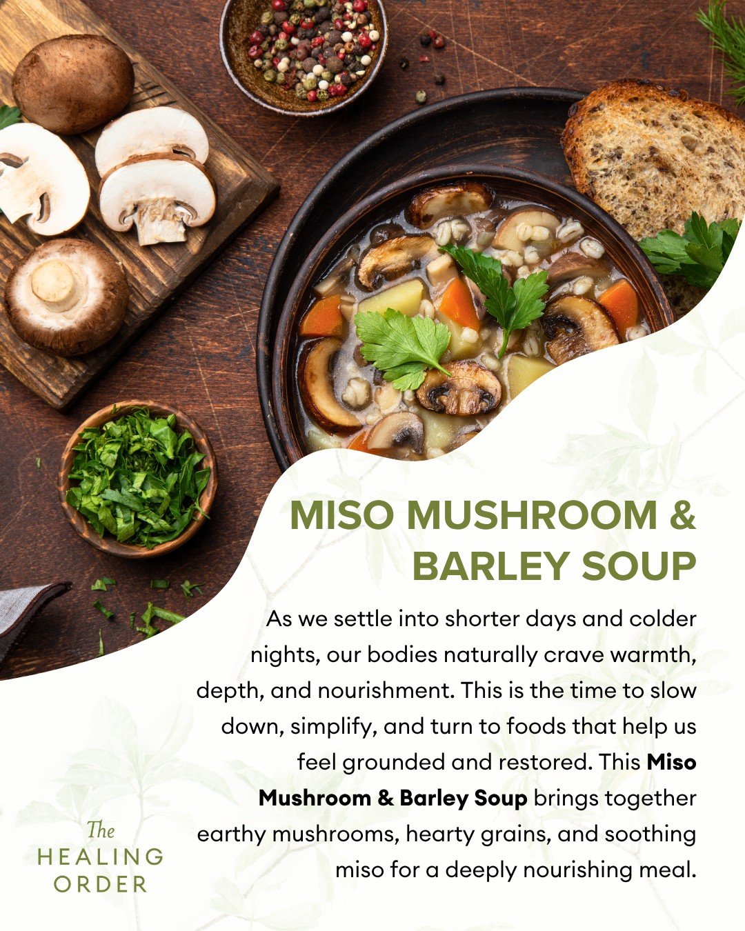 Late November calls for warm, grounding meals that support the body as we move into the colder, deeper months of the year. This Miso Mushroom &amp; Barley Soup does exactly that 🍄✨

Earthy mushrooms help strengthen Qi and immunity, barley supports d