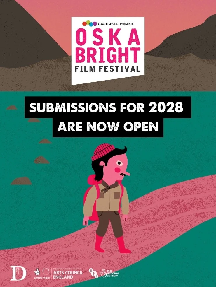 The Oska Bright man walks along a pink path with mountains in the background. Along the top is the Oska Bright logo with text underneath that says 'submissions for 2028 are now open'