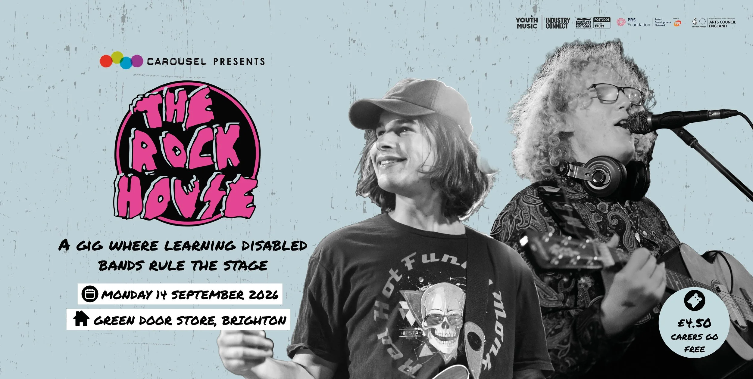 A cutout image of Pip and Jimmy from Red Hot Funky Monks against a grainy blue background. At the left is The Rock House logo in pink with the event information below in black, handwritten font.