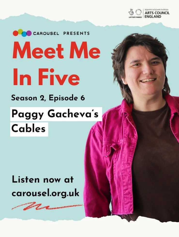 A cutout image of Paggy Gacheva against a light blue background. Along the top is text that says 'Meet Me In Five Season 2, Episode 6 Paggy Gacheva's Cables'