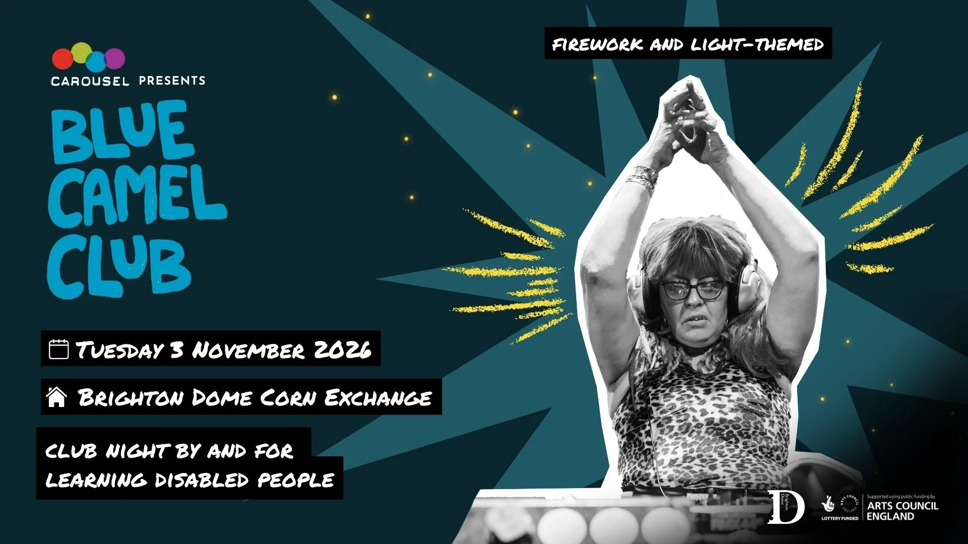 A black and white cutout image of DJ Kat Klawz against a blue background. Around her are yellow sparks. On the left is the Blue Camel Club logo with the event information underneath.