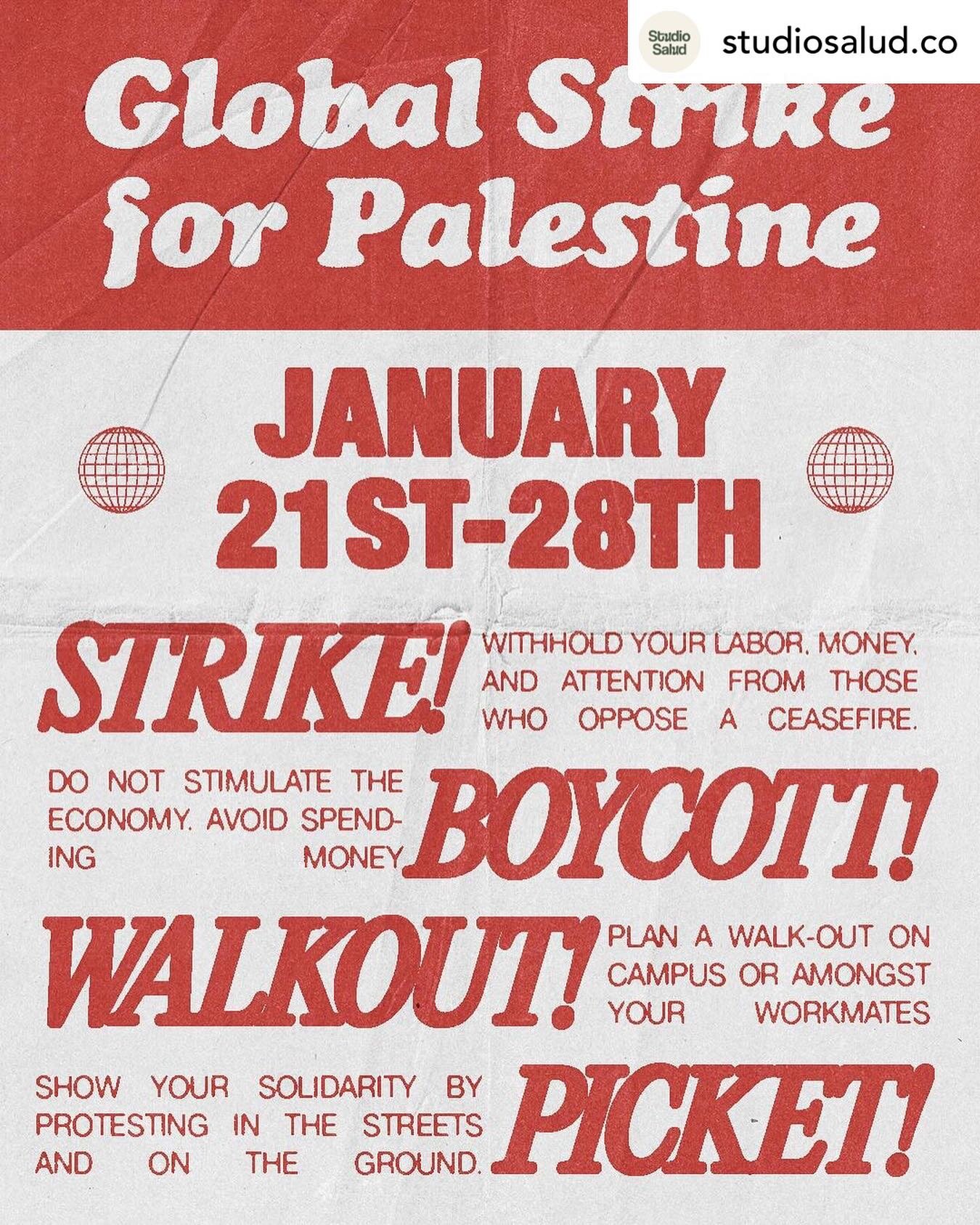 📣 Day 1 of a GLOBAL STRIKE to stand united with Palestine and demand a #ceasefirenow🇵🇸 !!! 
Our doors will be open this week but we do not expect nor want business as usual. 
This week will be for amplifying Palestinian voices and stories ❤️🇵🇸❤️