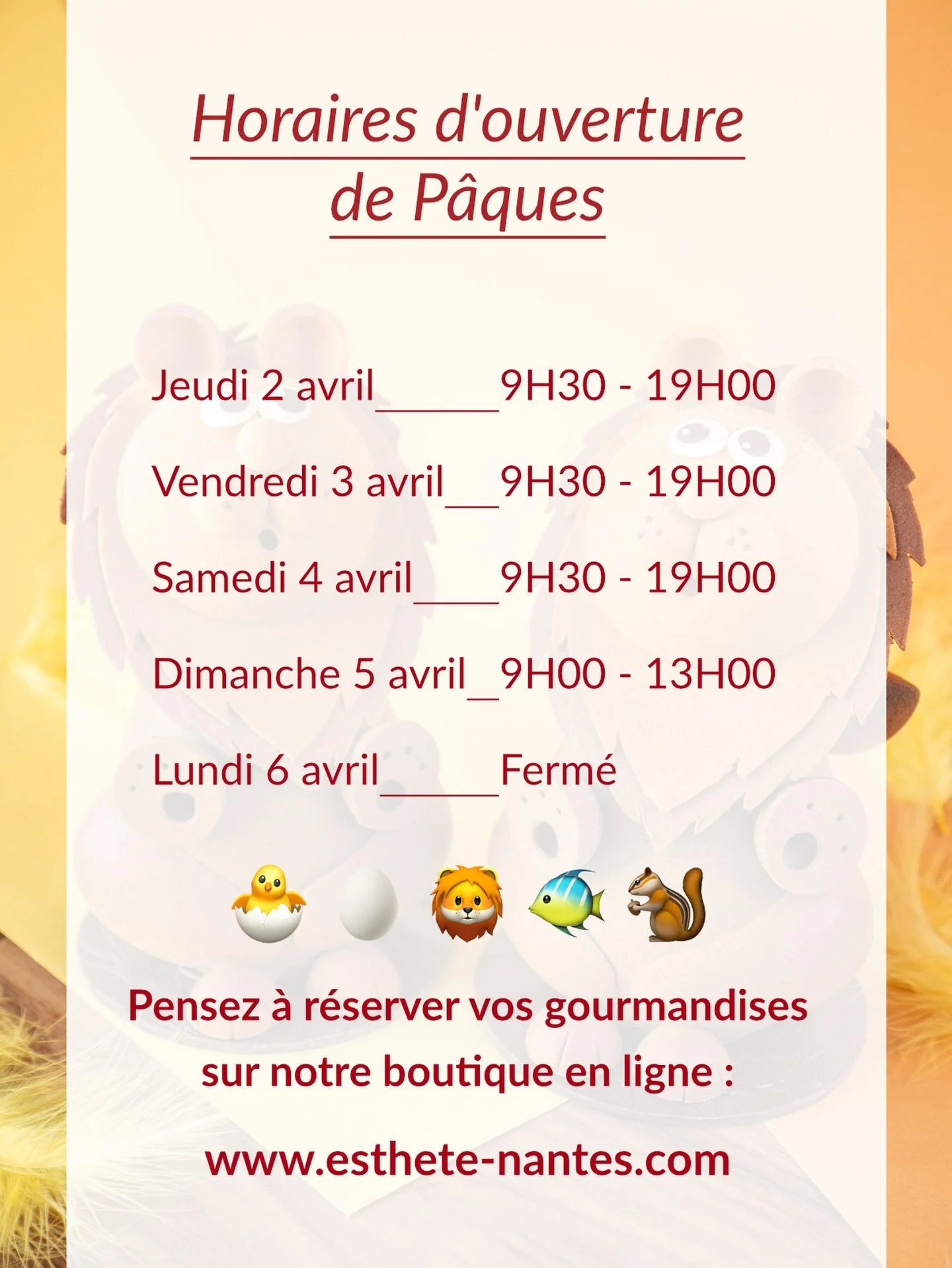Ouverture exceptionnelle ce dimanche 5 avril de 9h00 &agrave; 13h00 pour P&acirc;ques. 🐣 

Pensez &agrave; r&eacute;server vos douceurs sur notre boutique en ligne ou en boutique : 
esthete-nantes.com

#esthetenantes #patisserie #chocolatdepaques #a