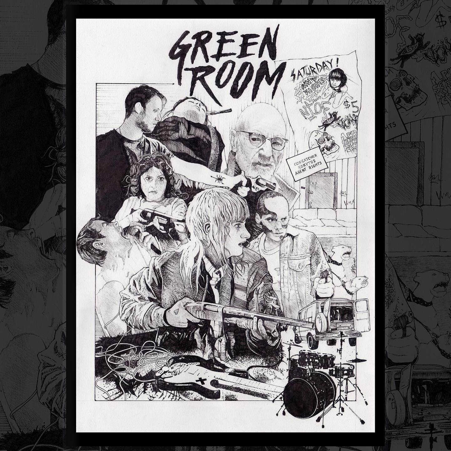 New original available - Green Room (2015); pen on paper. I love this film, who&rsquo;s a fan? 

Link in bio, FREE worldwide shipping. 

#greenroom #greenroom2015 #greenroommovie #a24 #a24films #a24movies #horrormovie #horrorfilm #thrillermovies #jer