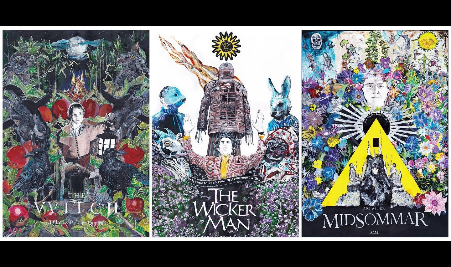 I love me some folk horror! Three paintings I&rsquo;ve made - The Witch, The Wicker Man, Midsommar. All acrylic on paper. 

#thewitch #thevvitch #roberteggers #thewitch2015 #thewickerman #wickerman #midsommar #midsommarmovie #folkhorror #a24 #a24film