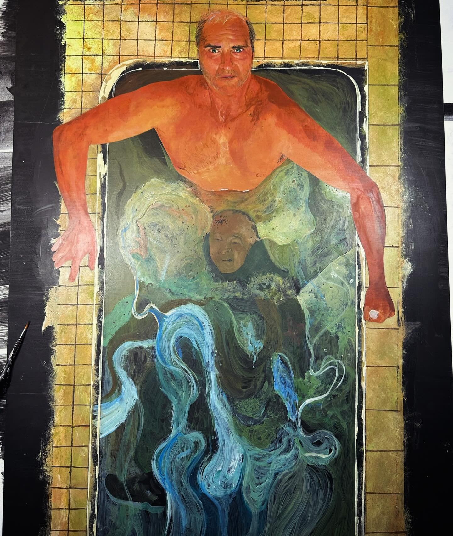 Progress pic of Beau is Afraid painting I made. Acrylic on paper. 

#beauisafraid #ariaster #a24 #joaquinphoenix #horror #surrealistmovie #alternativemovieposters