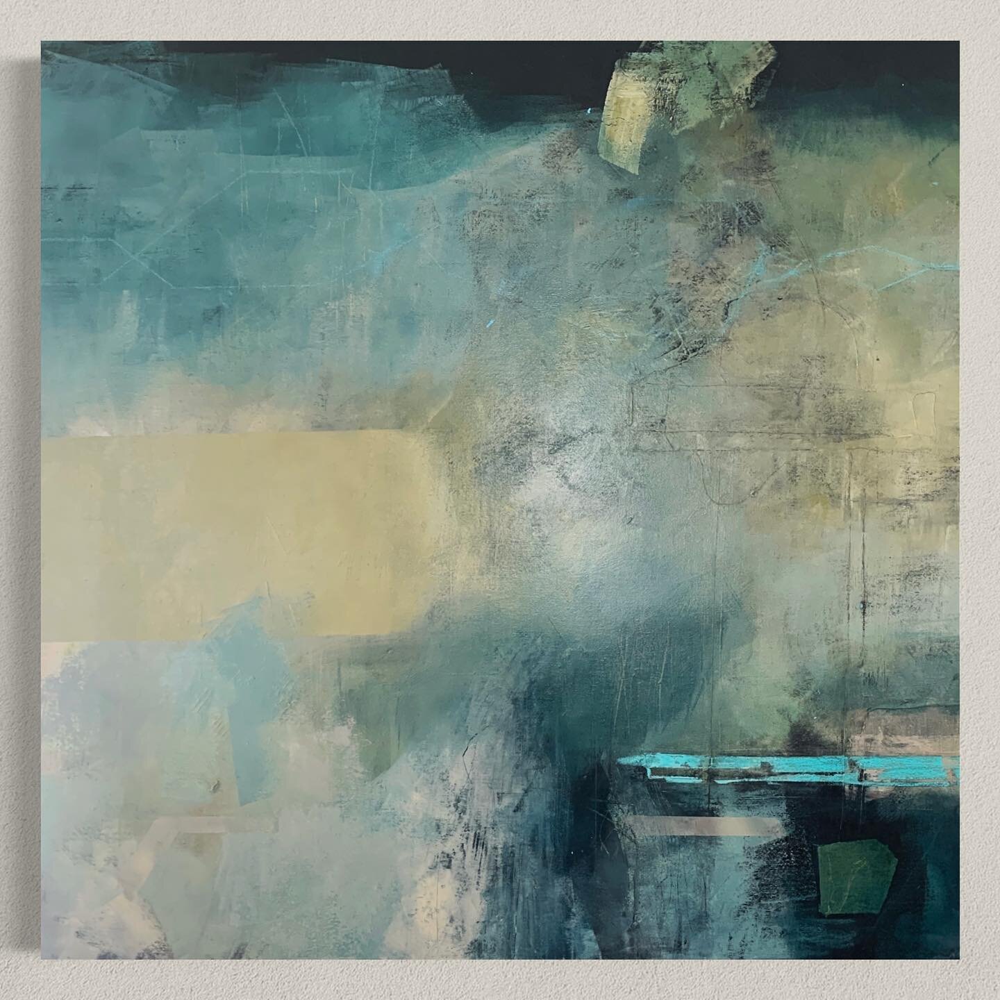 Cyan Light III: Acrylic, thread &amp; pastel on canvas 90 x 90cm (2023)